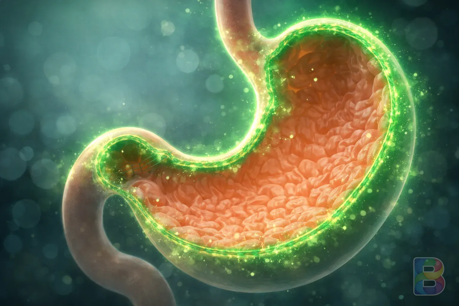 photorealistic, illustration of a healthy stomach lining with a protective green glow, clean medical aesthetic, soft bokeh, high detail