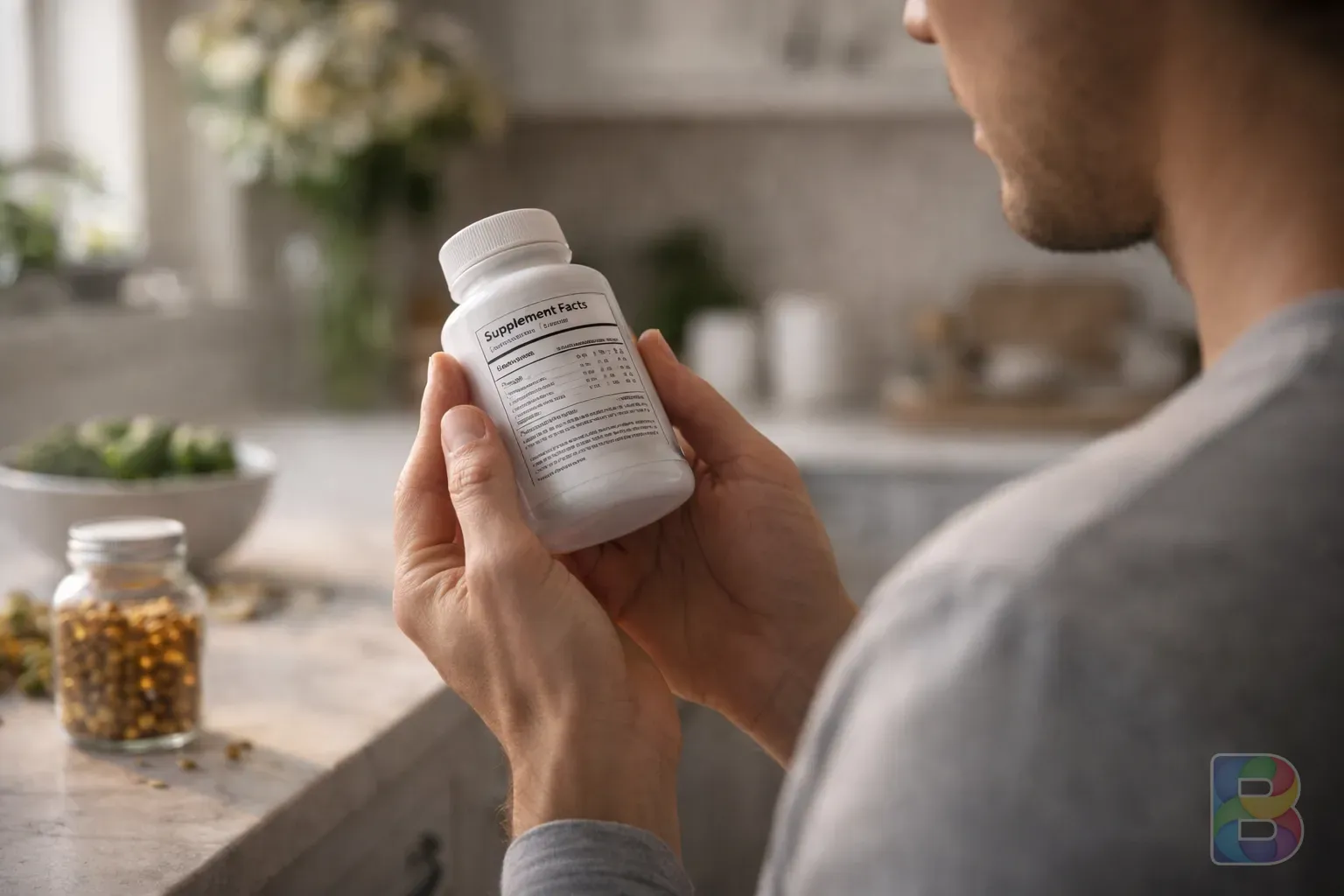 photorealistic, person carefully reading a supplement label in a bright kitchen, soft natural light, focused and calm atmosphere