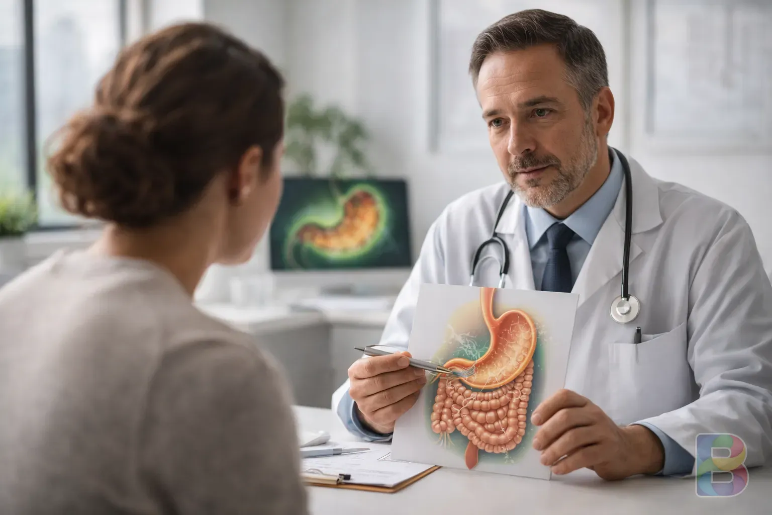 photorealistic, doctor consulting with a patient about digestive health, modern bright clinic, professional and caring mood