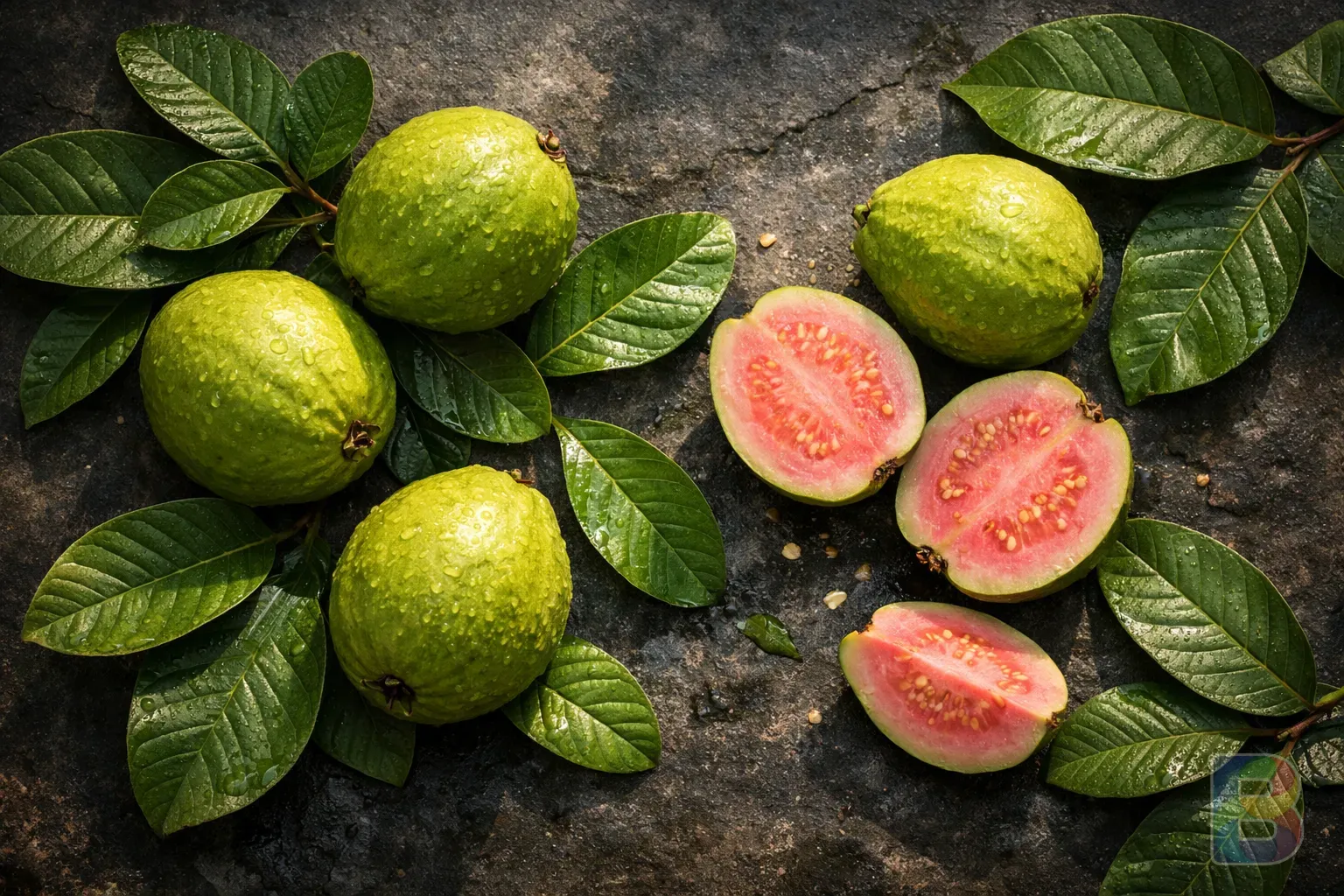 photorealistic, top-down view of fresh whole guavas and guava leaves arranged artistically on a dark stone surface, natural sunlight, high detail textures