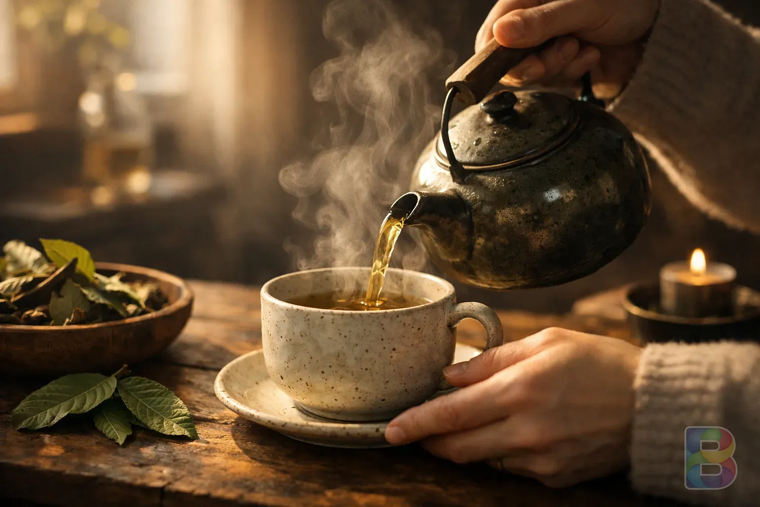 photorealistic, detail shot of a person pouring guava leaf tea into a ceramic cup, steam rising, cozy interior, warm morning light, cinematic mood