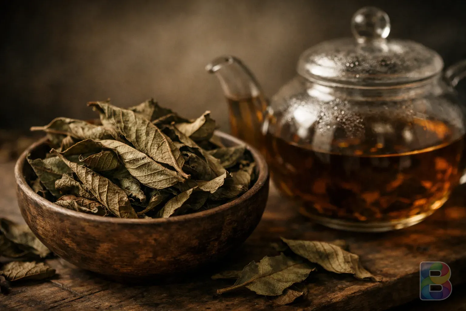 photorealistic, close-up of dried guava leaves in a wooden bowl next to a glass teapot, calm atmosphere, earthy tones, soft lighting