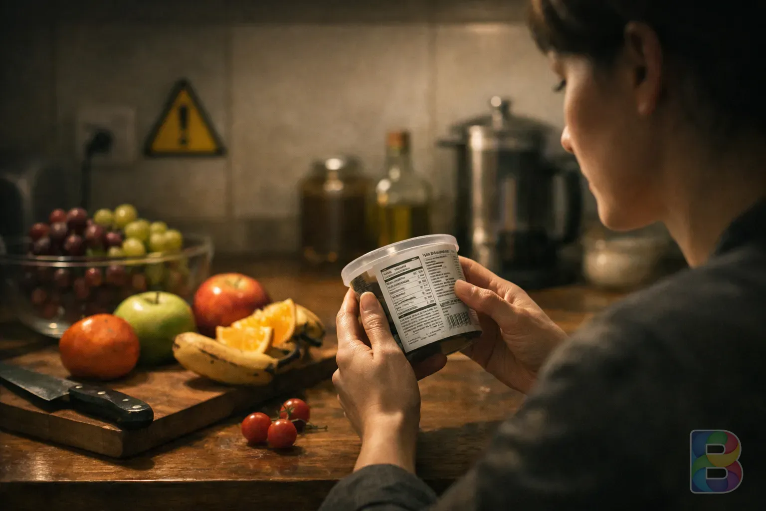 photorealistic, a warning symbol subtly integrated into a kitchen setting with fresh fruits, focus on a person reading a food label, professional and clean aesthetic