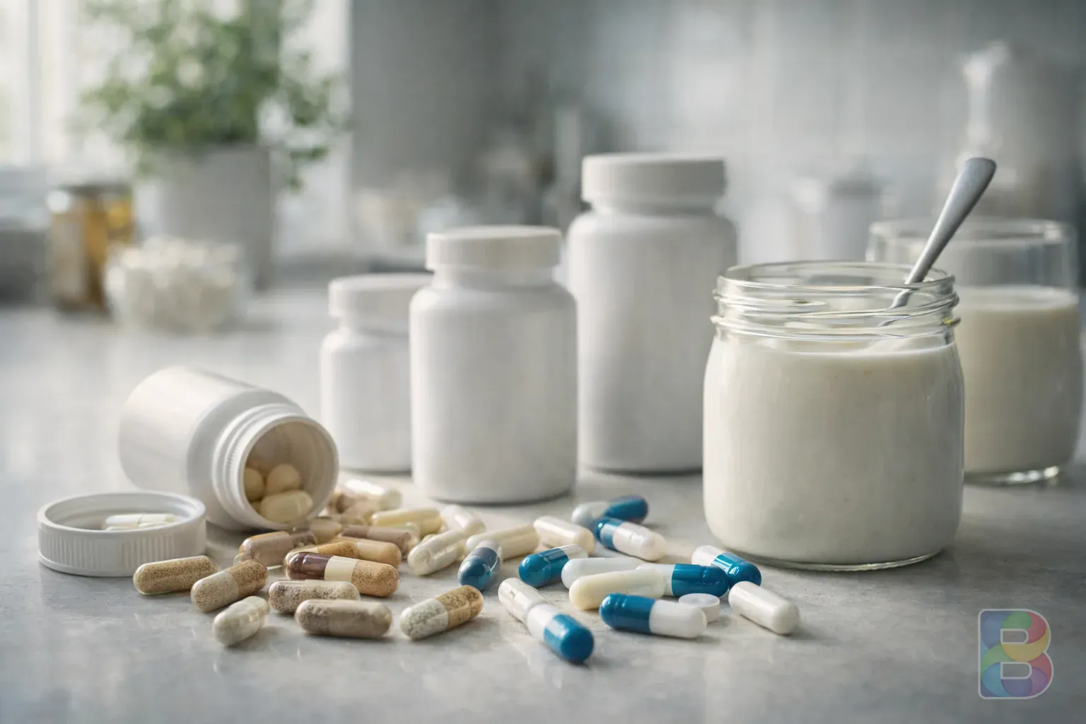 photorealistic, variety of probiotic capsules and natural yogurt in a clean kitchen setting, bright morning light, fresh and healthy atmosphere