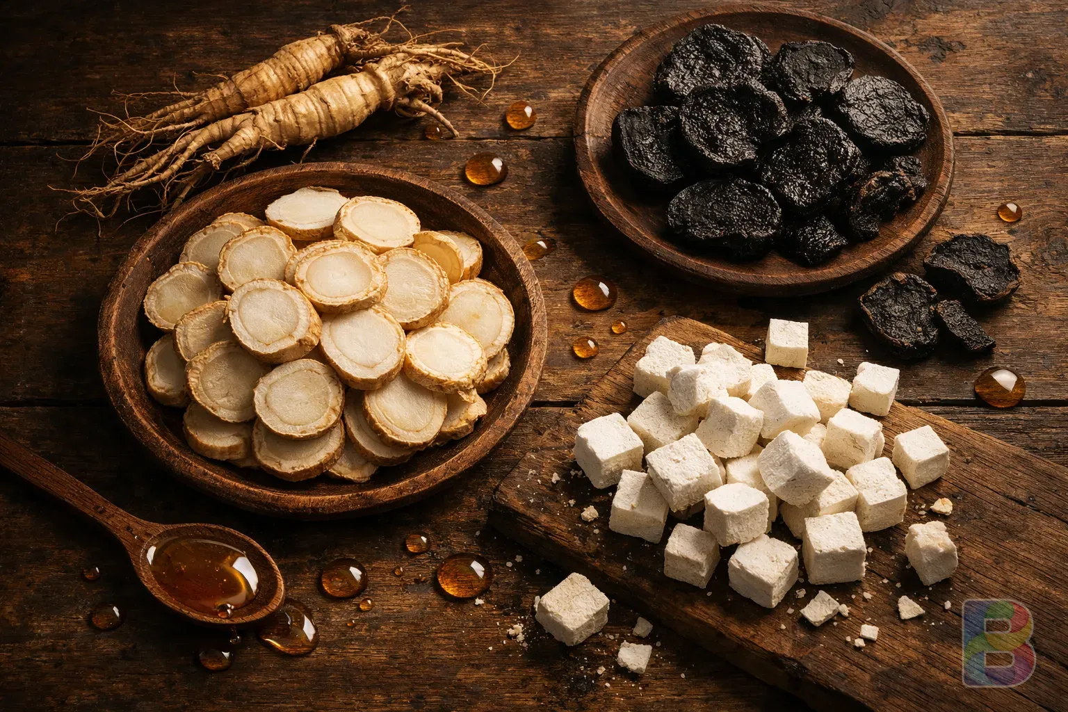 photorealistic, overhead shot of sliced raw ginseng, rehmannia root, and white poria cocos on a wooden table, scattered honey drops, cinematic lighting, high detail