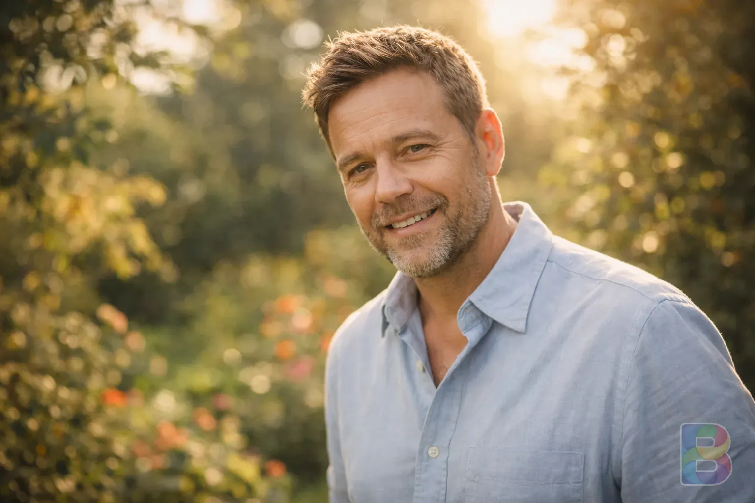 photorealistic, a person in their 50s looking energetic and clear-headed in a sunlit garden, soft focus background, cinematic lighting, healthy glow