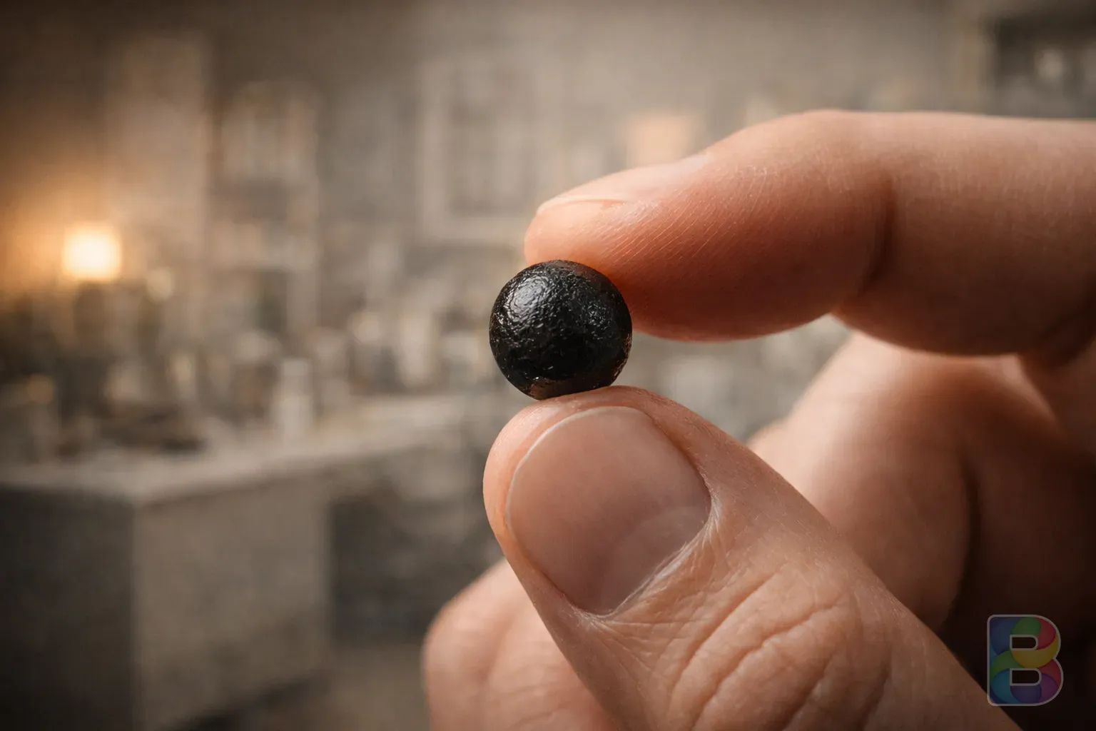 photorealistic, a close-up of a small black herbal pill (hwan) held between two fingers, detailed texture, blurred clinic background, cinematic lighting