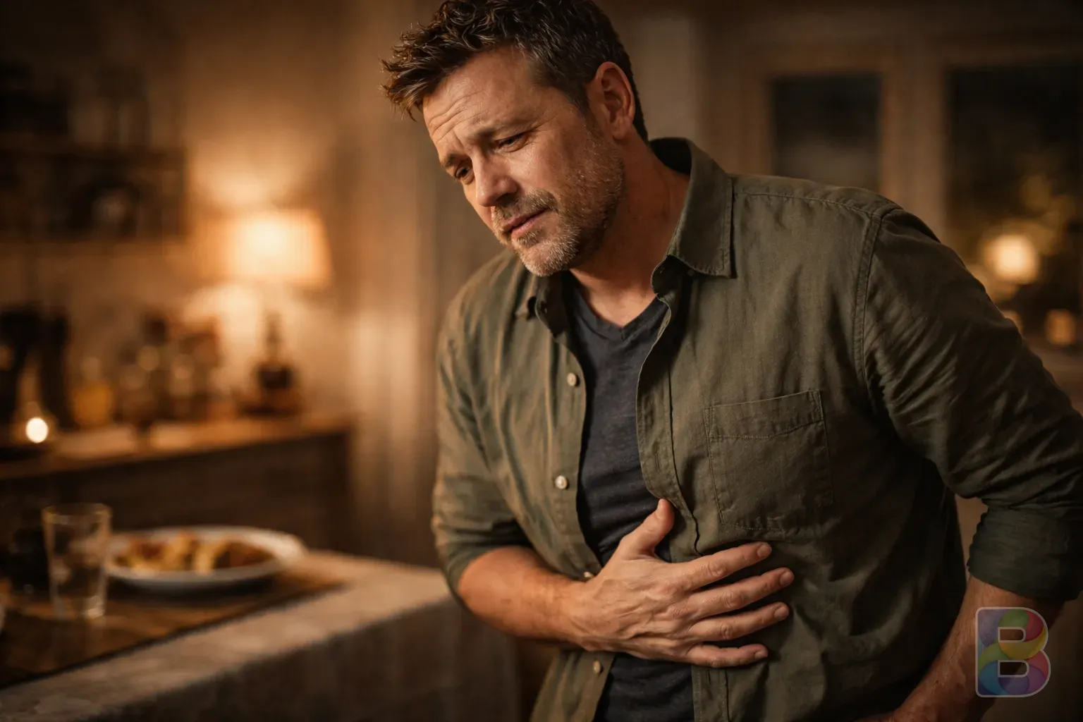 photorealistic, a person looking slightly nauseous after eating, hand on stomach, soft moody lighting, indoor domestic setting