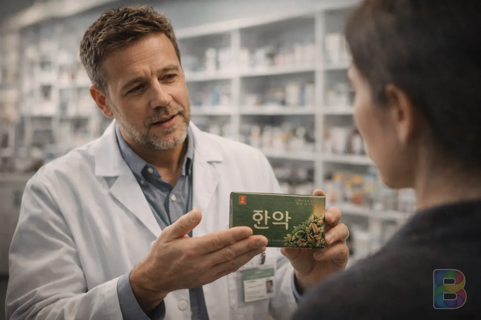 photorealistic, a pharmacist in a white coat holding a box of herbal medicine, explaining to a customer, modern pharmacy interior, cinematic lighting
