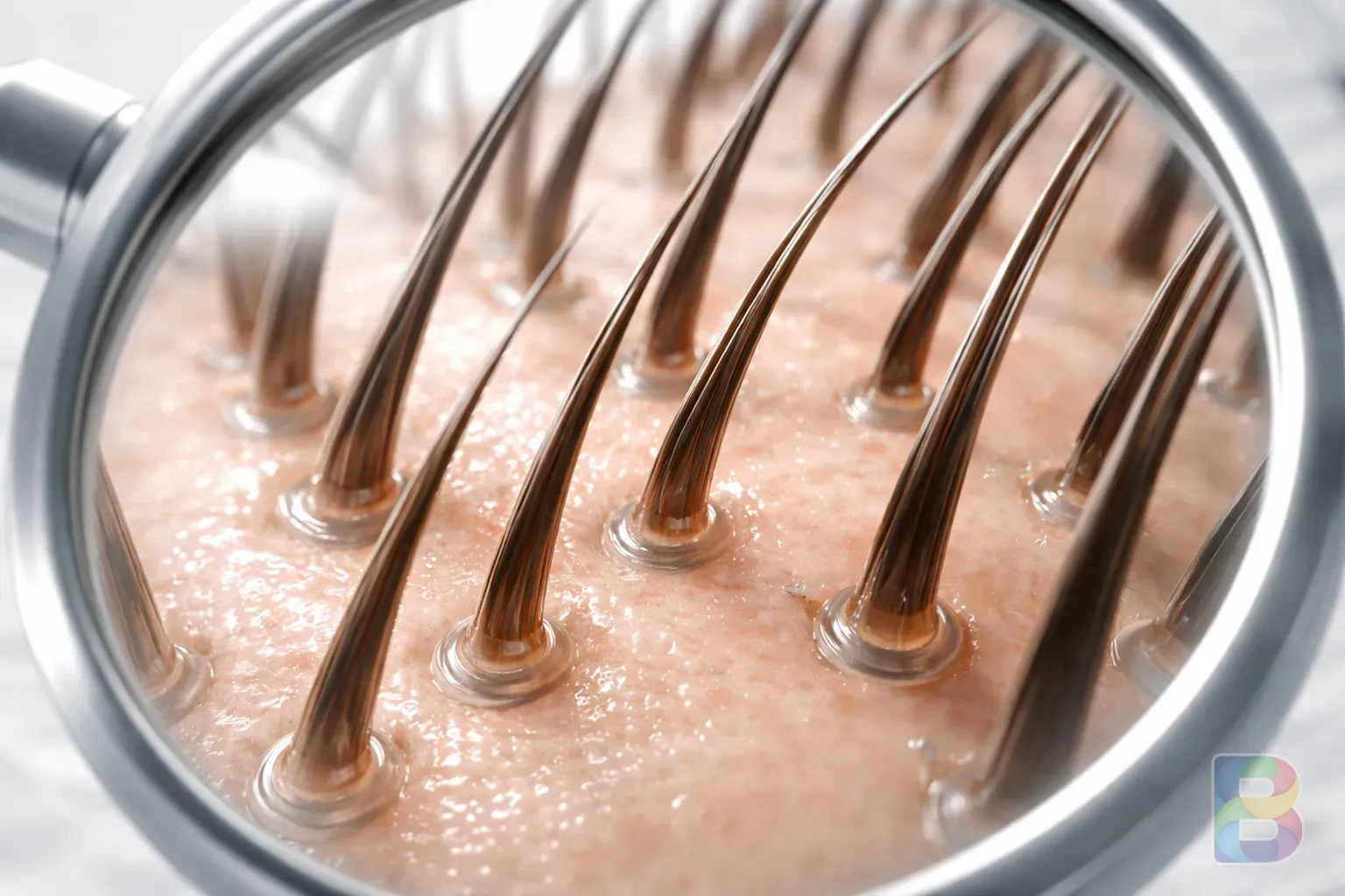 photorealistic, detail shot of a healthy scalp and hair follicles under a magnifying glass or microscope, clean medical aesthetic, bright lighting