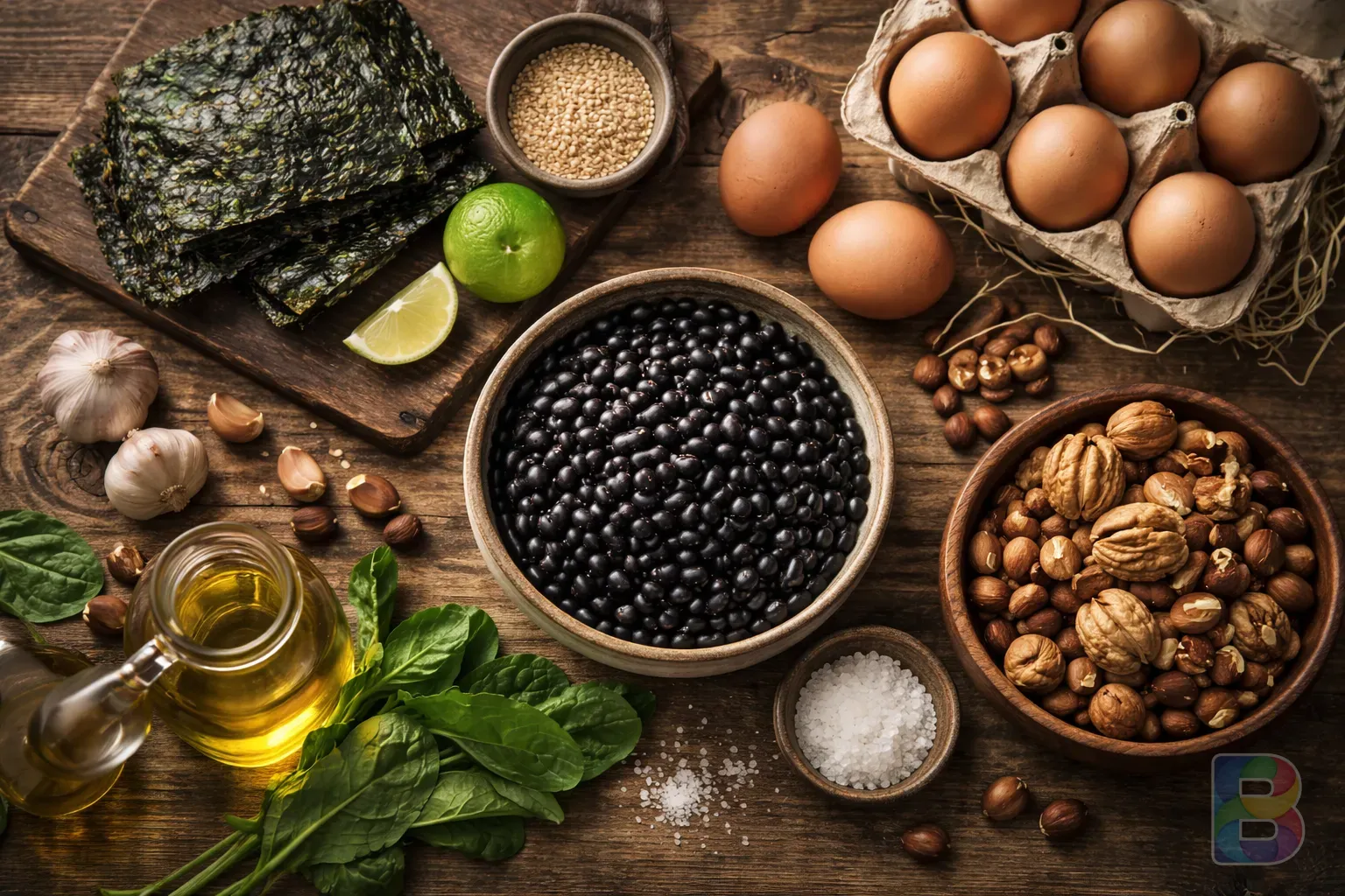 photorealistic, top-down view of a wooden table with black beans, eggs, seaweed, and nuts arranged artistically, natural lighting, high detail