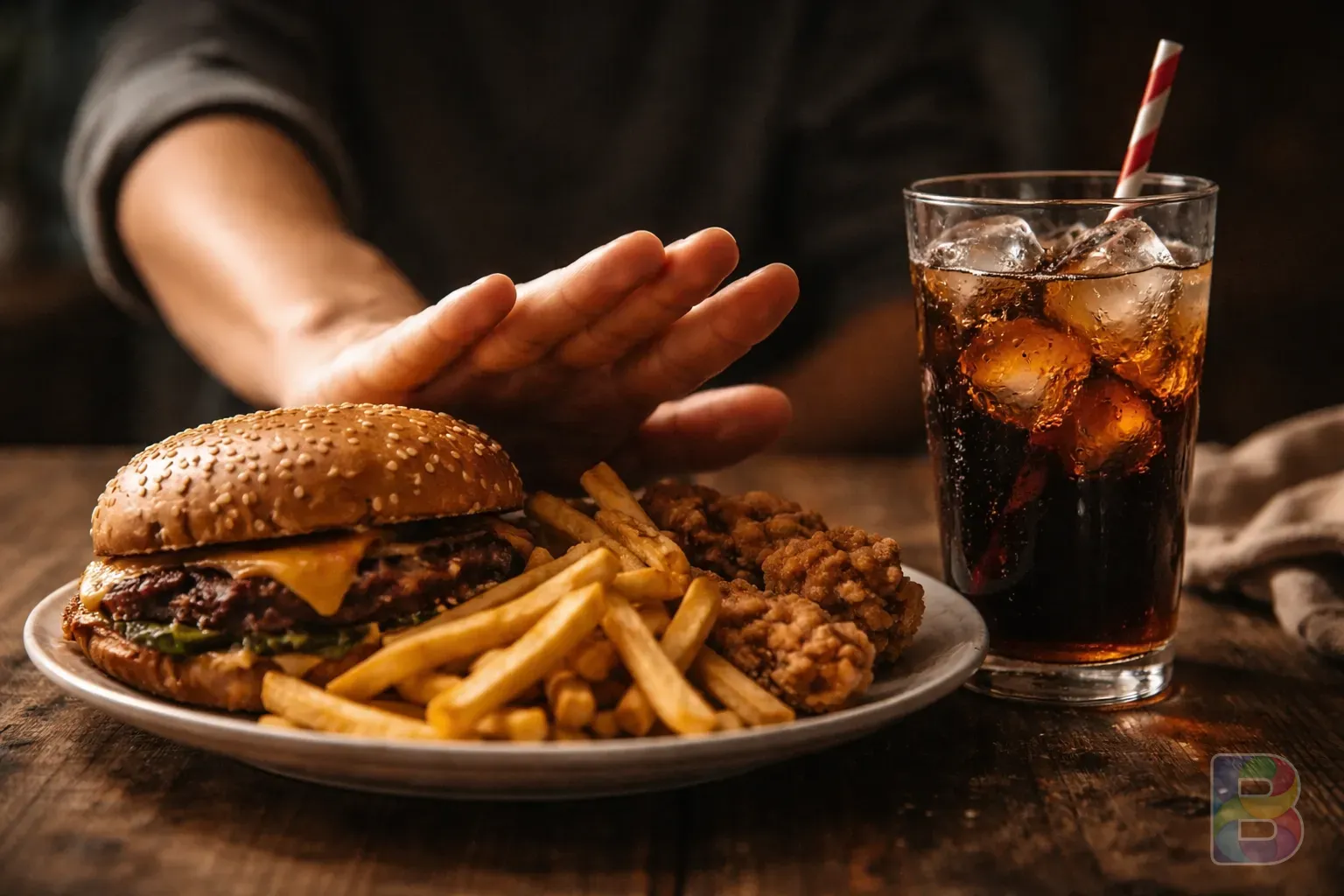 photorealistic, close-up of a person pushing away a plate of greasy fast food and sugary soda, moody cinematic lighting, focus on the hand and food texture