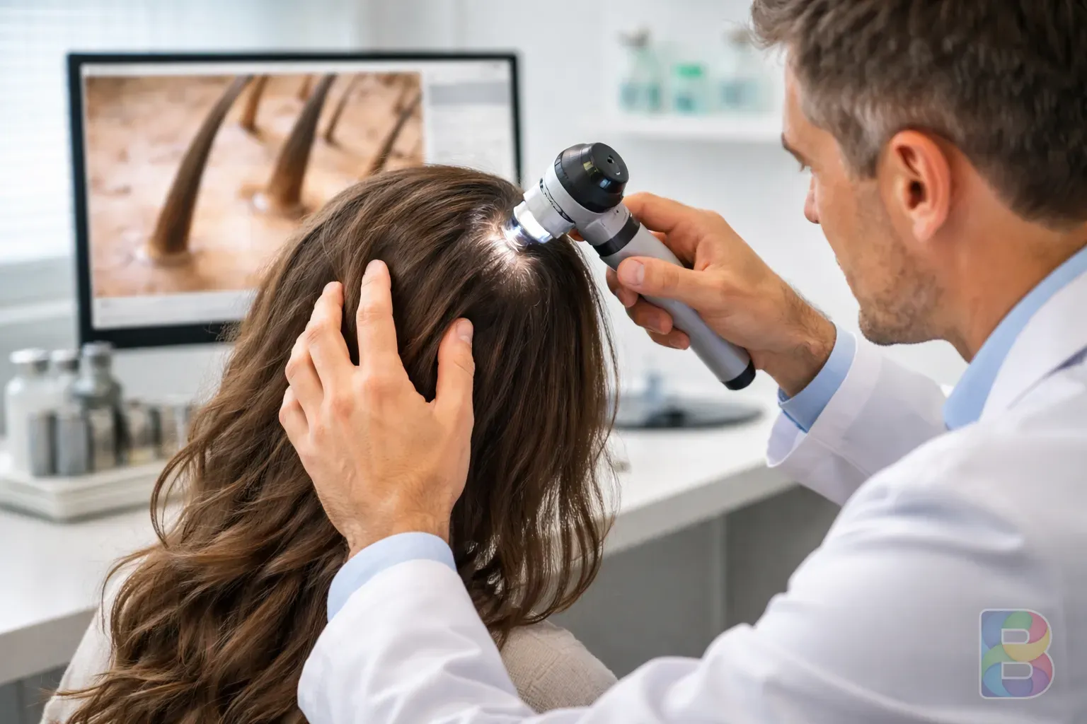 photorealistic, a doctor pointing at a patient's scalp using a dermatoscope in a modern clinic, clean bright environment, professional medical equipment