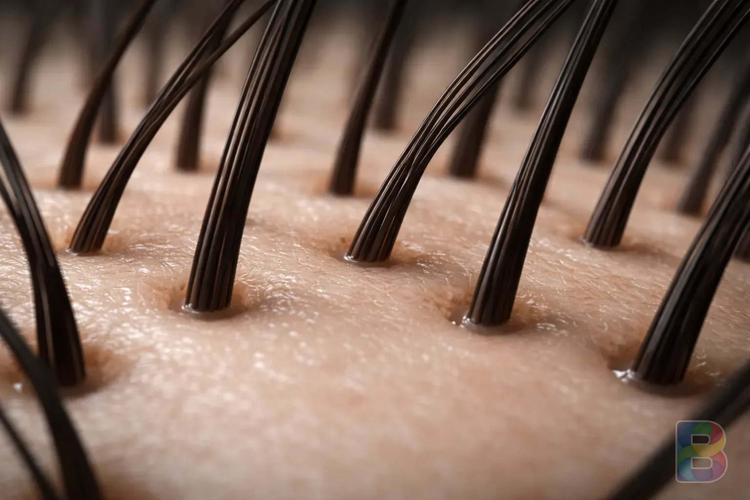 photorealistic, macro shot of a human scalp with healthy hair follicles, cinematic medical lighting, clean and professional look, high detail