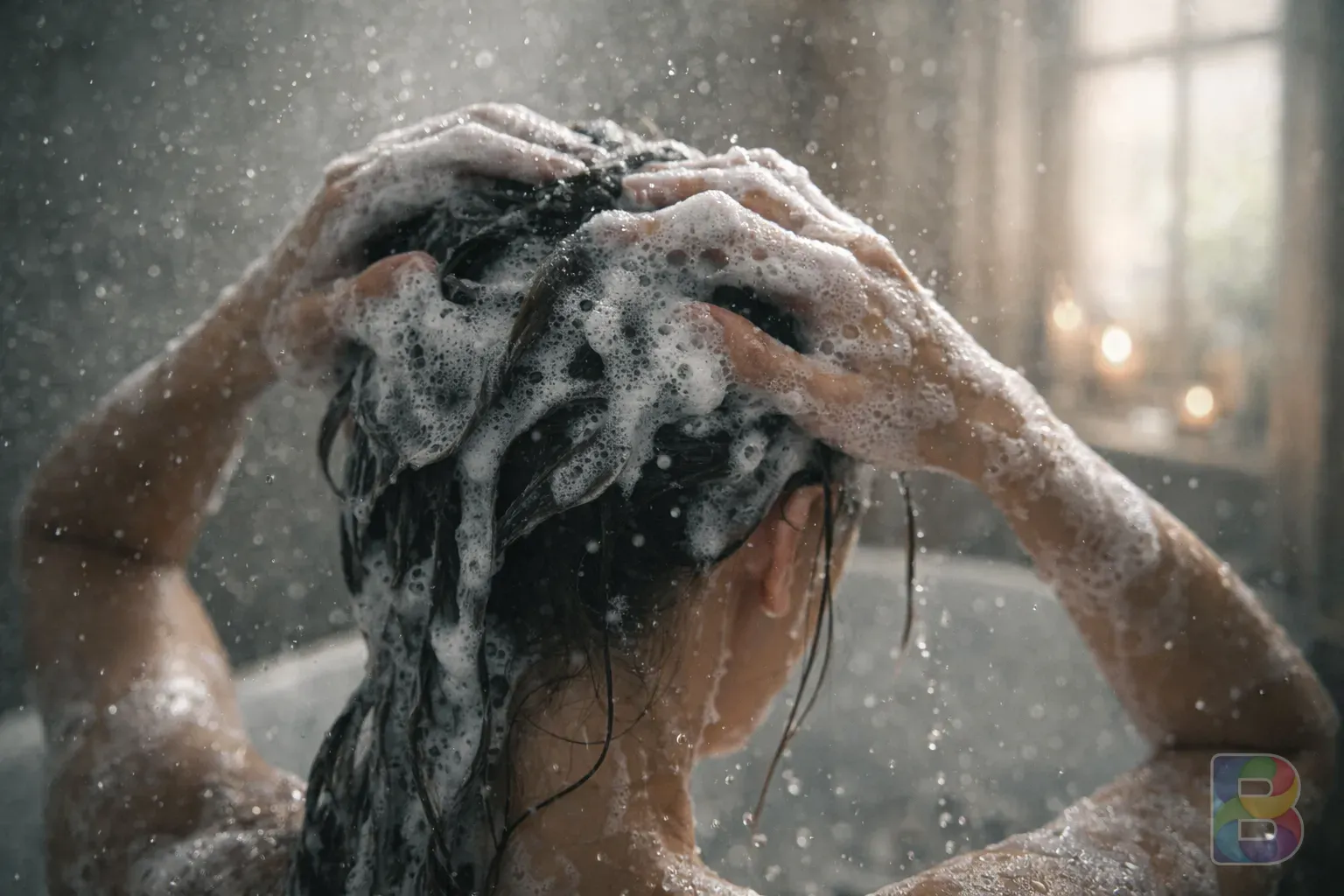 photorealistic, detail shot of a person washing their hair with rich white foam, water droplets in the air, serene bathroom environment, cinematic lighting