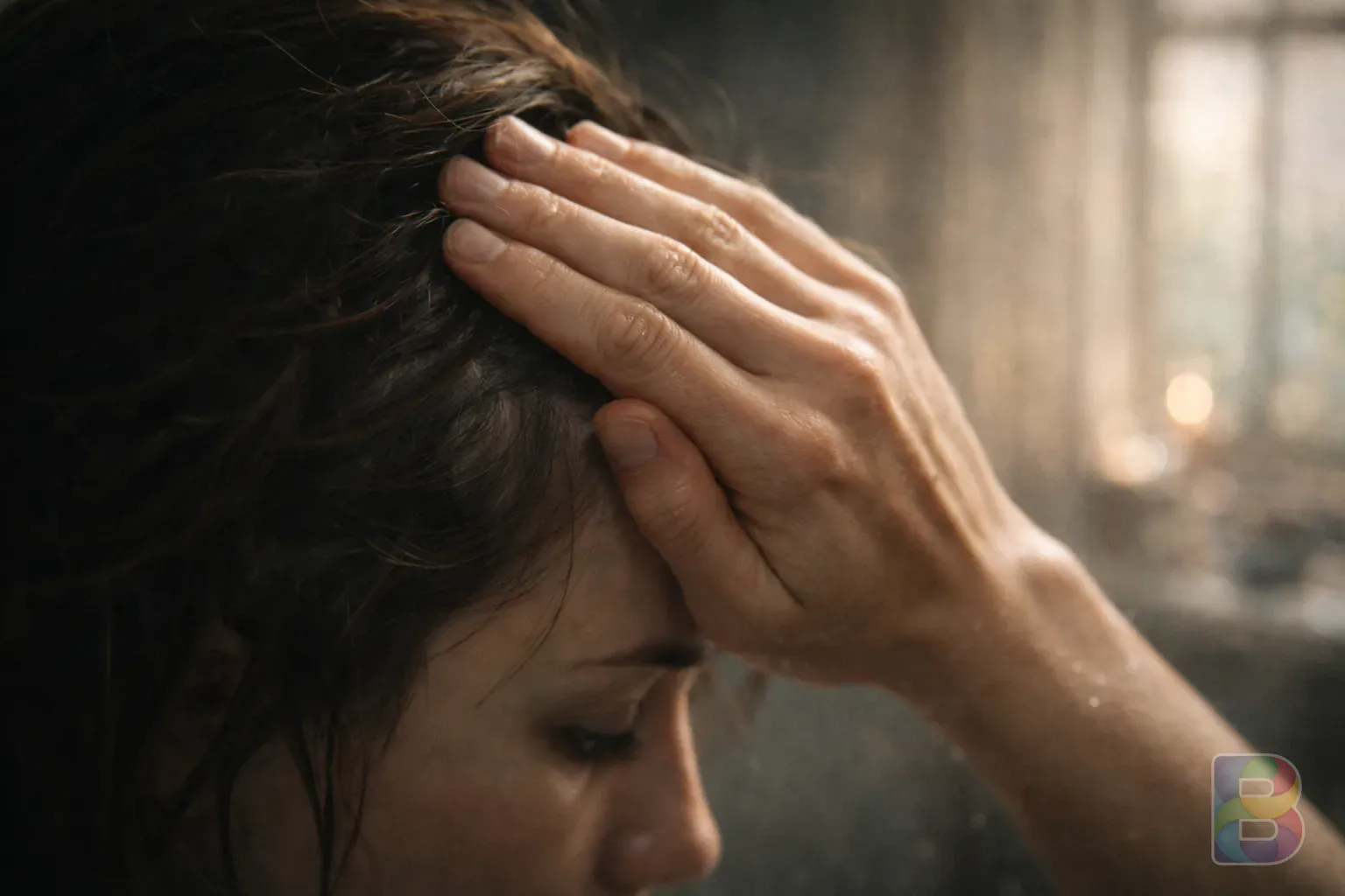 photorealistic, a person feeling their scalp temperature with the back of their hand, soft focus background, authentic and human movement, high detail