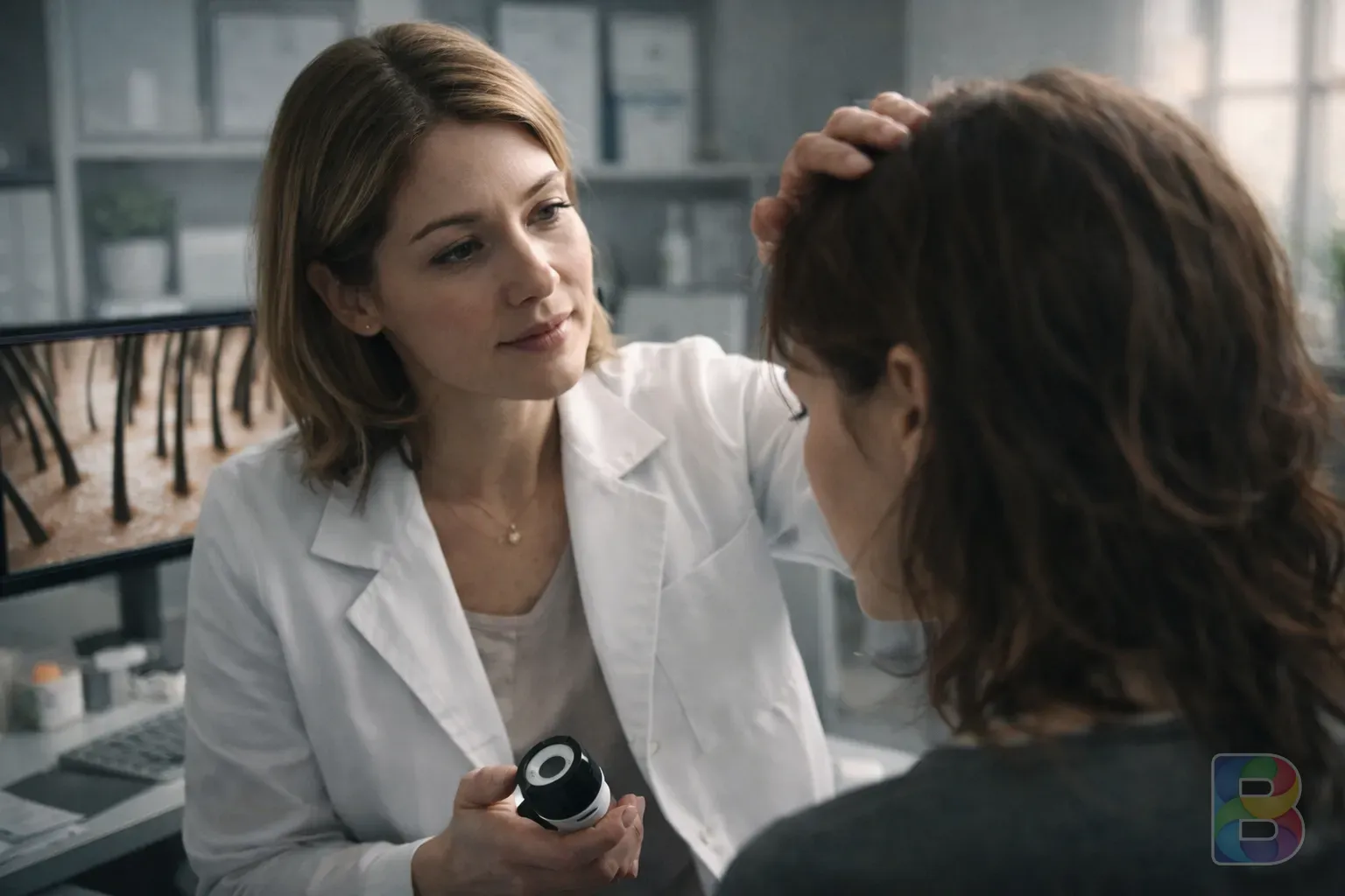 photorealistic, a professional dermatologist consulting with a patient about hair loss, clinical and modern office, reassuring and detailed, cinematic lighting
