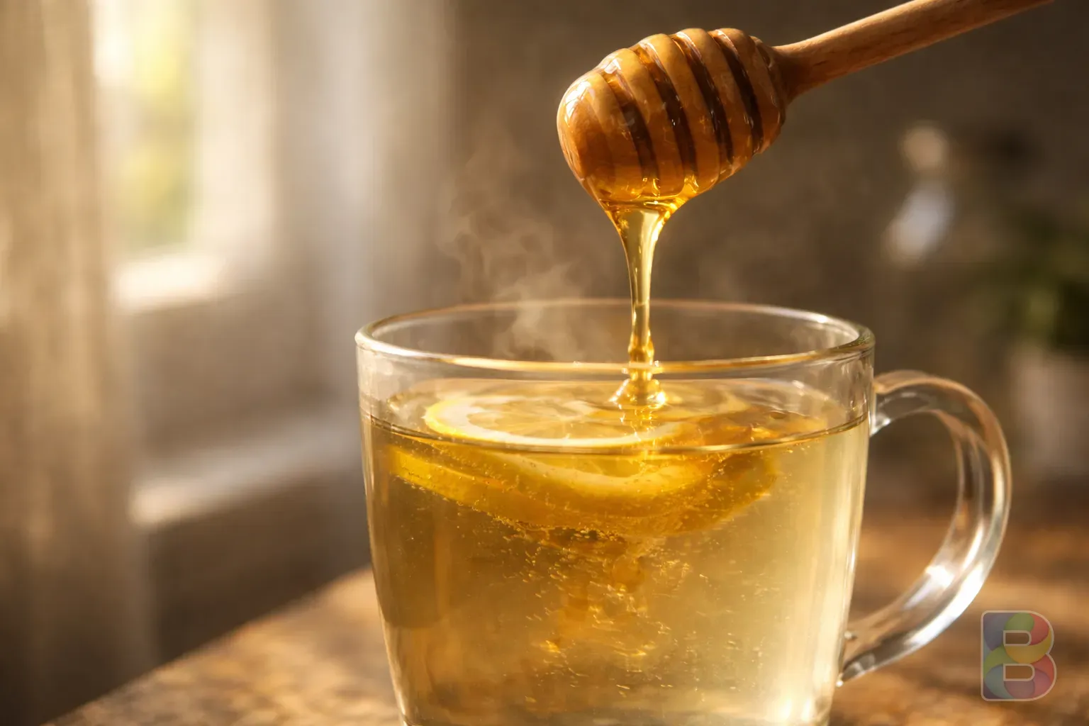 photorealistic, macro shot of golden honey dripping from a wooden dipper into a glass of warm water, soft morning light, high detail, cinematic lighting