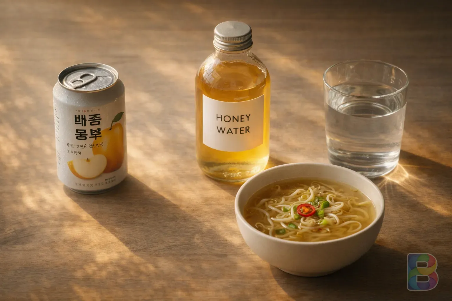 photorealistic, flat lay of various hangover relief items: a pear juice can, a bottle of honey water, bean sprout soup, and a glass of water on a clean wooden table, cinematic lighting