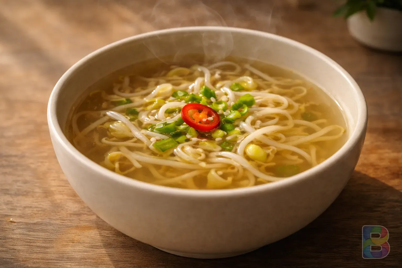 photorealistic, close-up of a steaming bowl of clear bean sprout soup with green onions, soft steam rising, authentic Korean style, high detail food photography