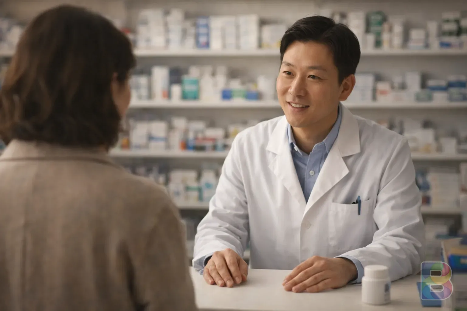 photorealistic, a person talking to a pharmacist behind a pharmacy counter, blurred background of medicine shelves, professional and helpful atmosphere