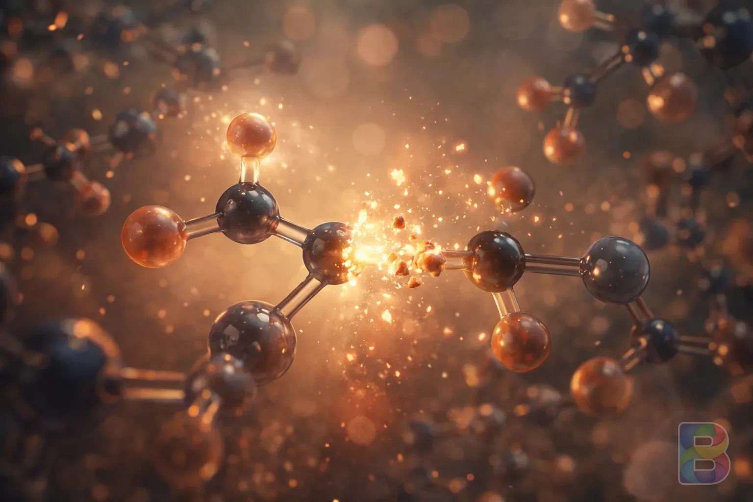 photorealistic, microscopic view of ethanol molecules being broken down, artistic representation, scientific but aesthetic, soft glowing light