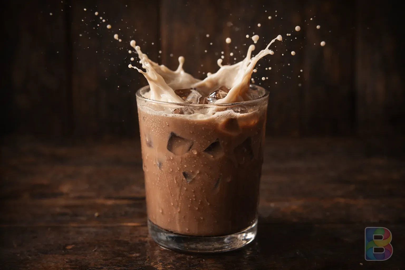 photorealistic, close-up of a glass of chocolate milk with ice, high detail, splash of milk, dark wooden background, cinematic lighting