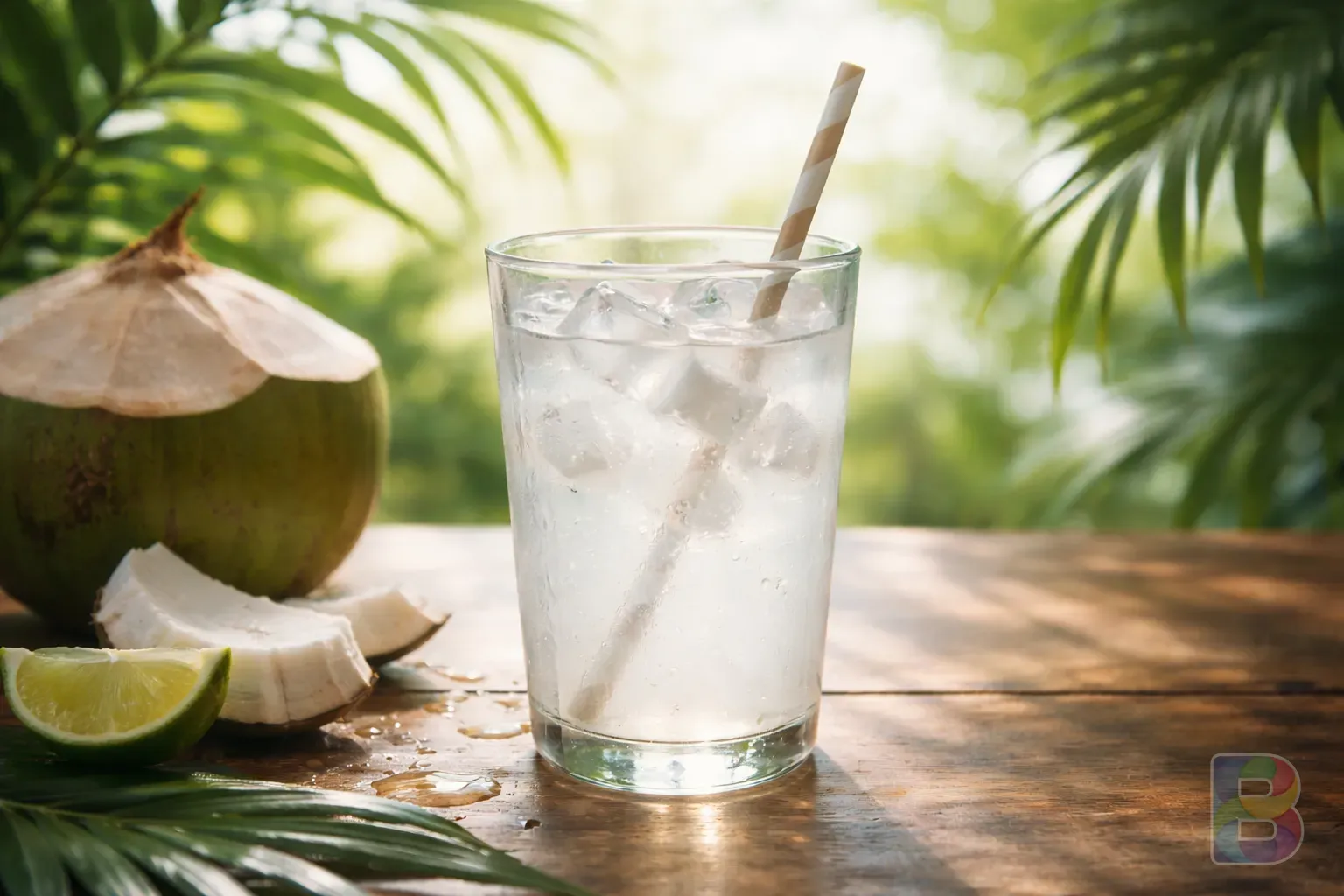 photorealistic, close-up of a glass of coconut water with a straw, tropical leaves in background, bright and airy lighting, refreshing mood