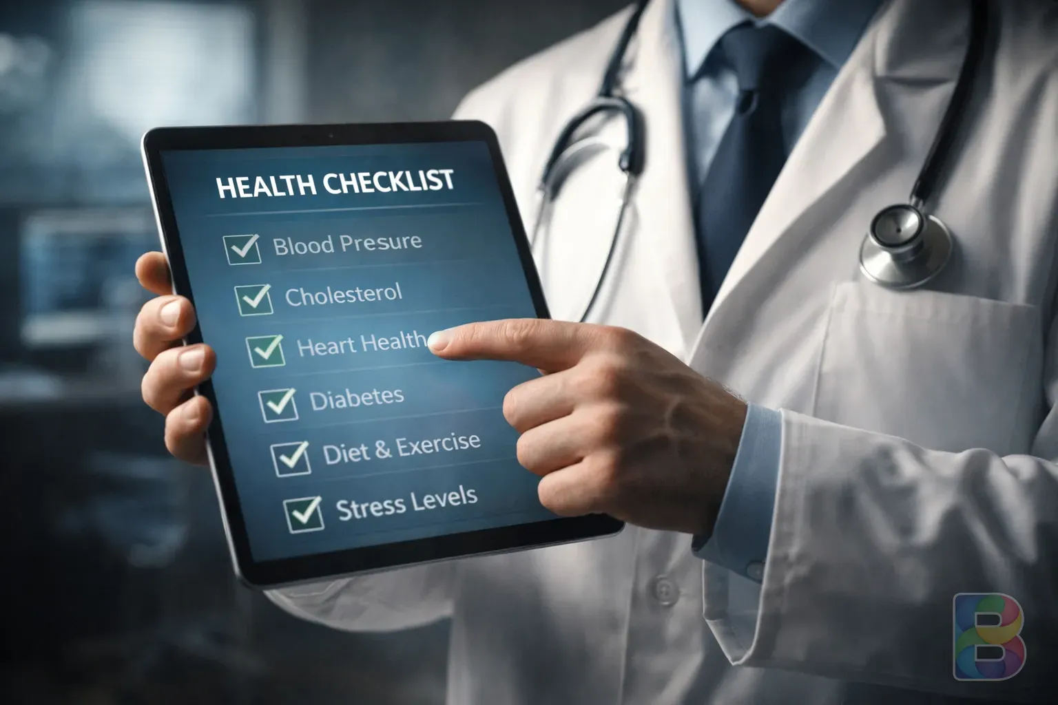 photorealistic, doctor pointing at a health checklist on a tablet, modern medical office background, cinematic lighting, focused professional mood