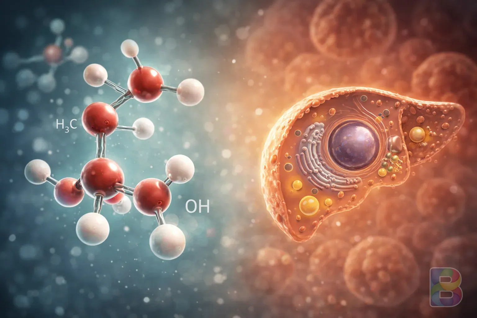 photorealistic, micro shot of alcohol molecules and liver cell illustration, clean medical art style, scientific and educational mood