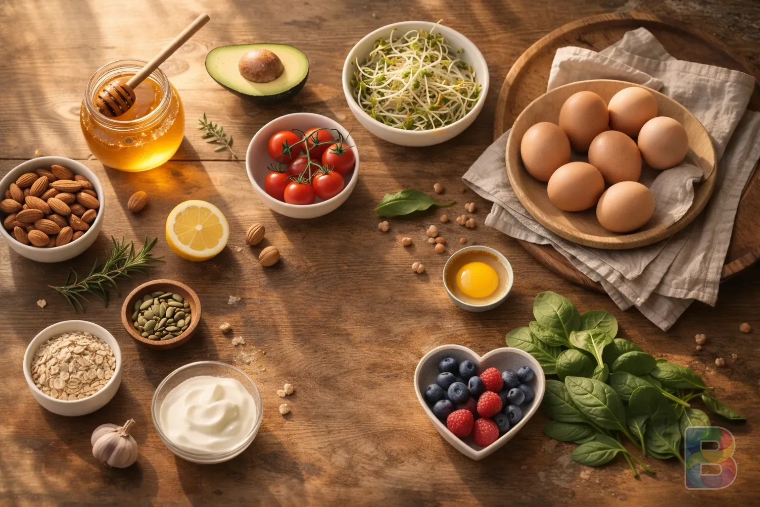 photorealistic, flat lay of various healthy foods like honey, eggs, tomatoes, and bean sprouts on a wooden kitchen table, bright airy morning mood