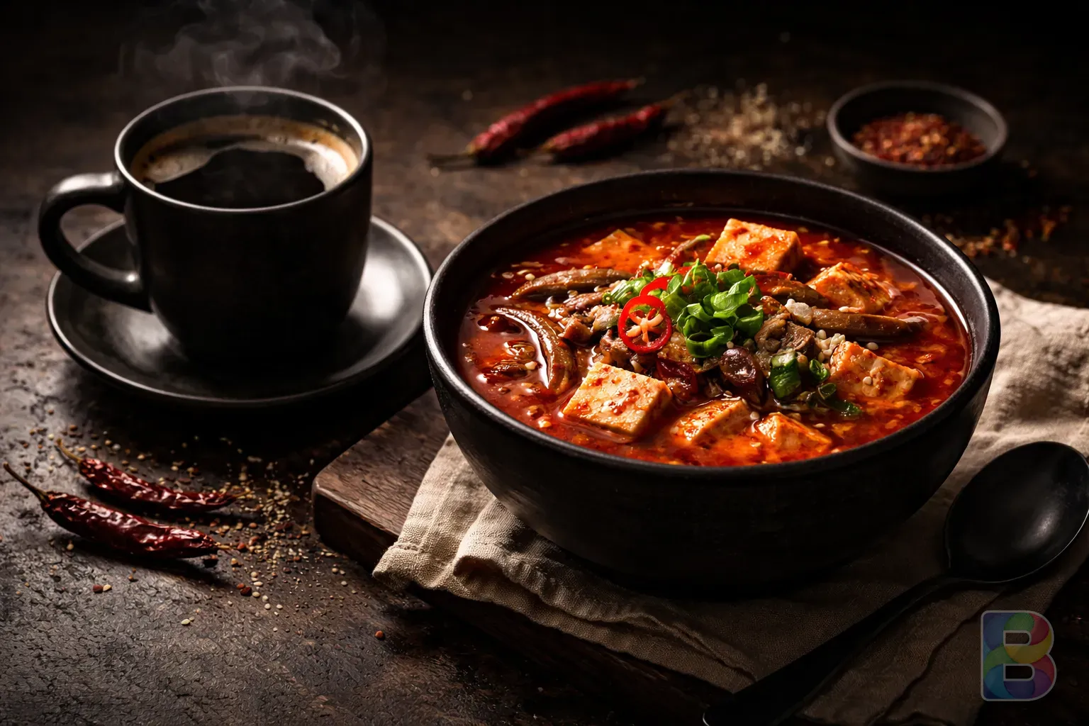 photorealistic, a cup of dark coffee and a bowl of spicy red soup, dramatic shadows, cautionary mood, high contrast