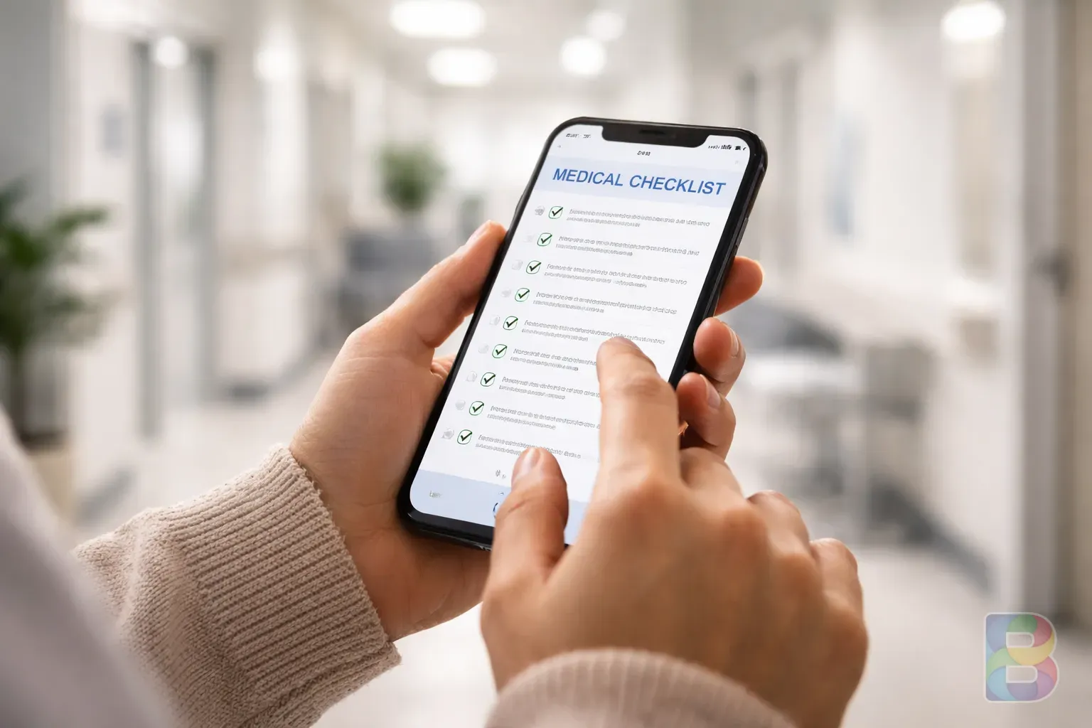 photorealistic, close-up of a person checking a medical checklist on a smartphone in a bright clinic hallway, professional lighting