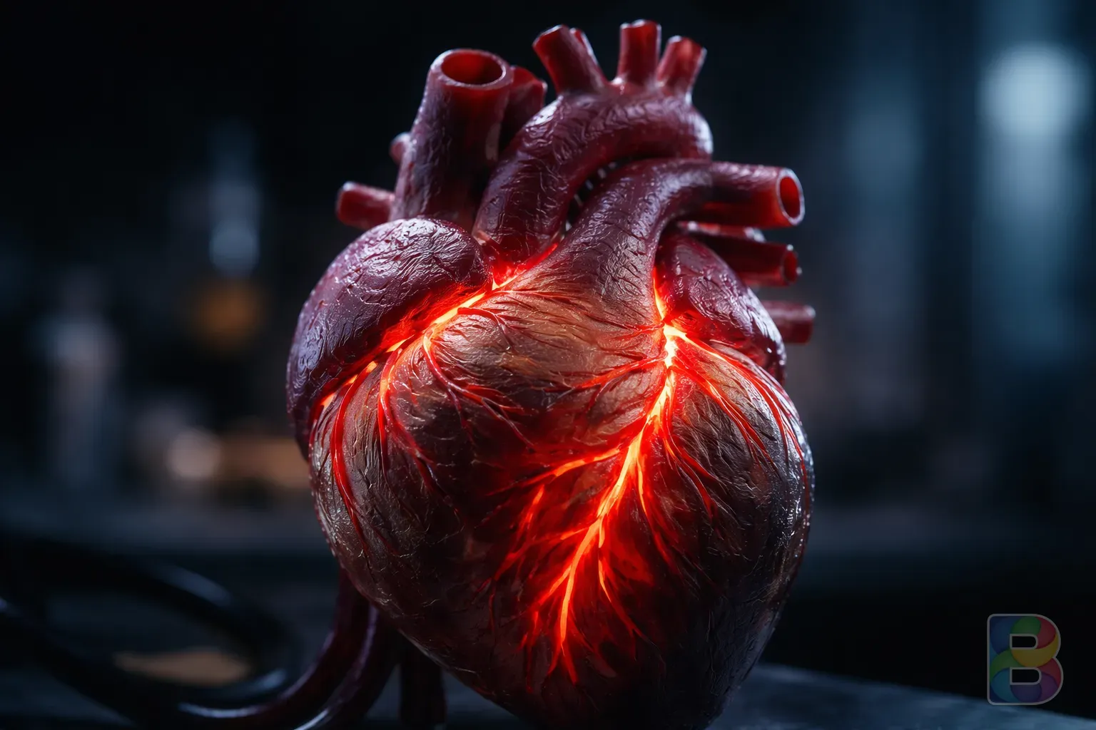 photorealistic, macro shot of a human heart model with glowing red arteries representing blood flow, dark background, clinical yet artistic lighting, high detail