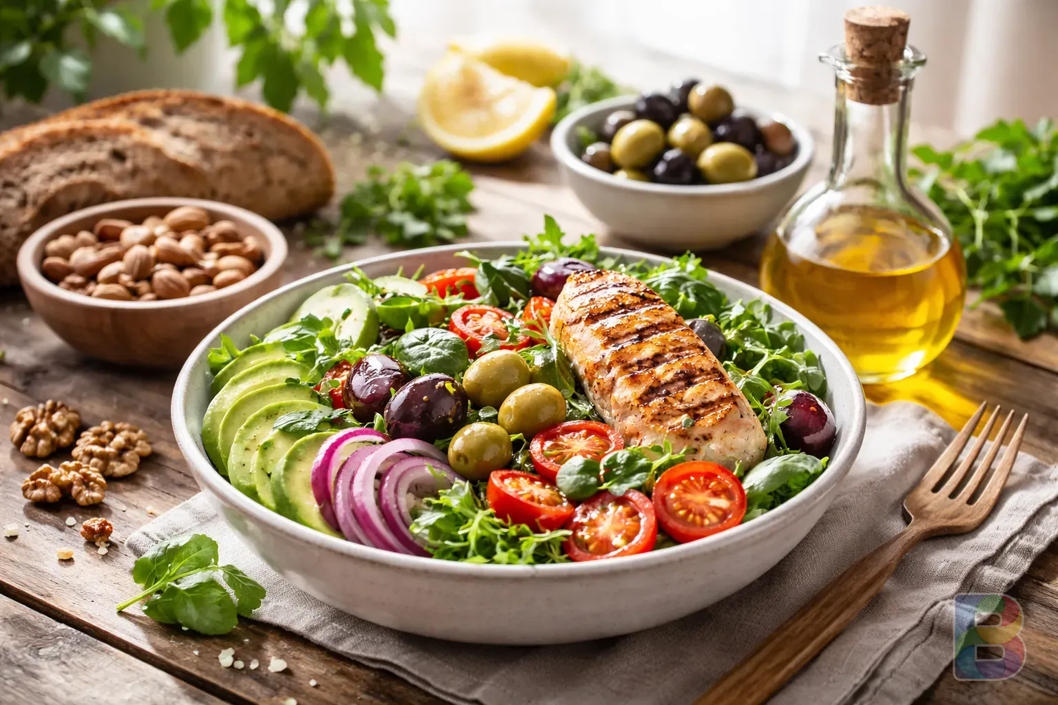 photorealistic, close-up of a healthy Mediterranean meal with olive oil, nuts, and leafy greens, bright natural lighting, fresh and vibrant colors