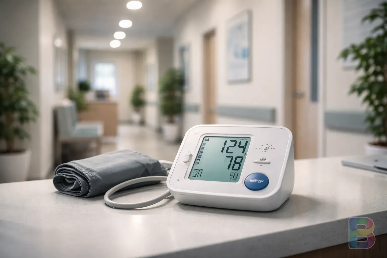 photorealistic, a modern medical clinic hallway with a clean and professional look, soft lighting, focus on a digital blood pressure monitor in the foreground