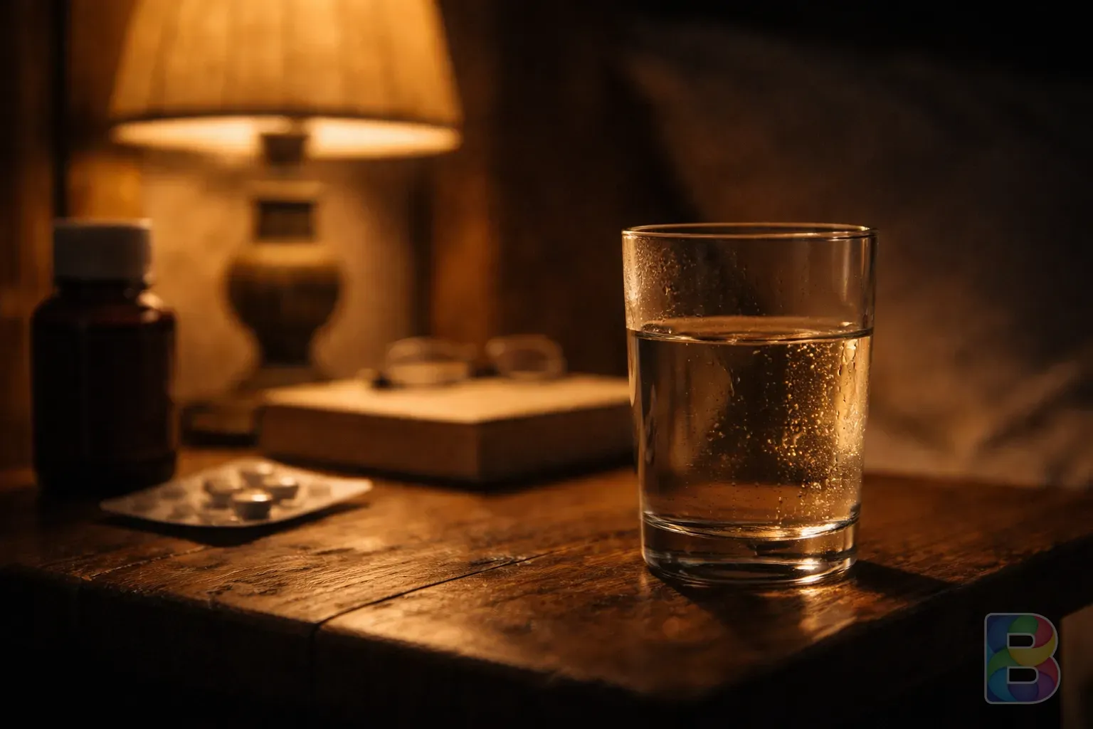 photorealistic, a glass of lukewarm water on a wooden bedside table at night, soft lamp light, calm and soothing atmosphere, cinematic lighting