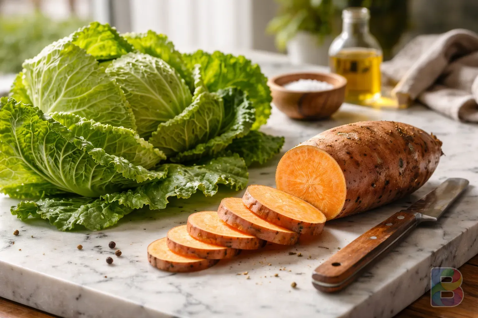photorealistic, fresh cabbage leaves and a sliced yam on a clean marble countertop, bright natural morning light, high detail, healthy food photography