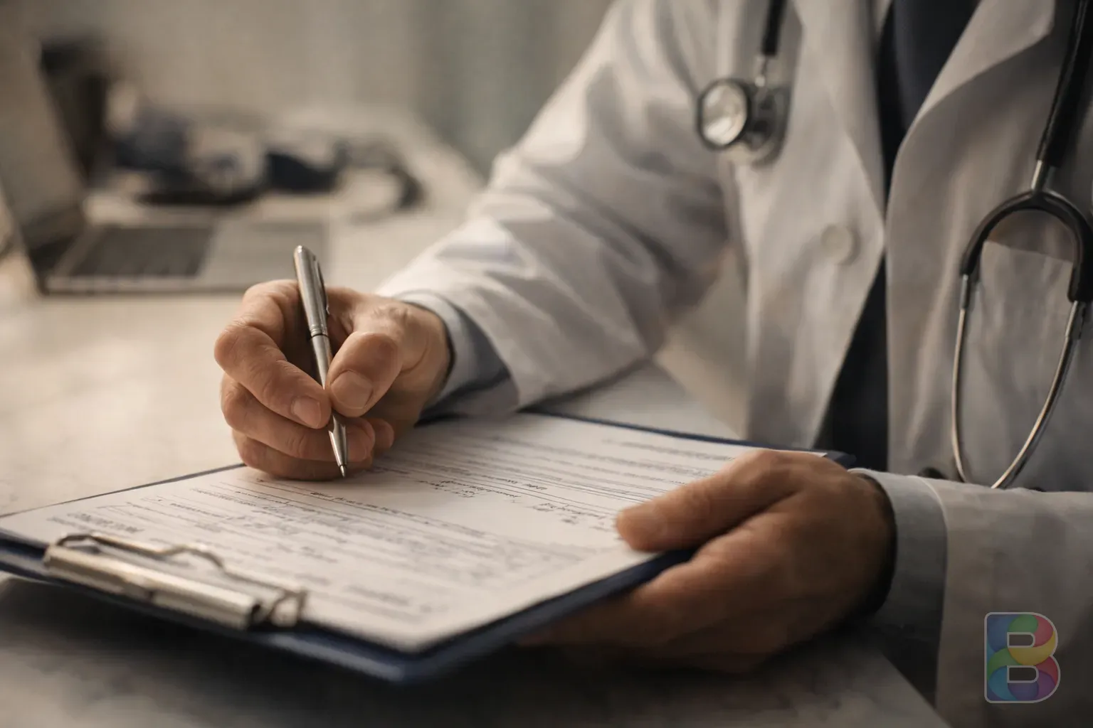 photorealistic, close-up of a doctor's hand checking a medical chart, focused and professional atmosphere, soft clinical lighting, reassuring mood