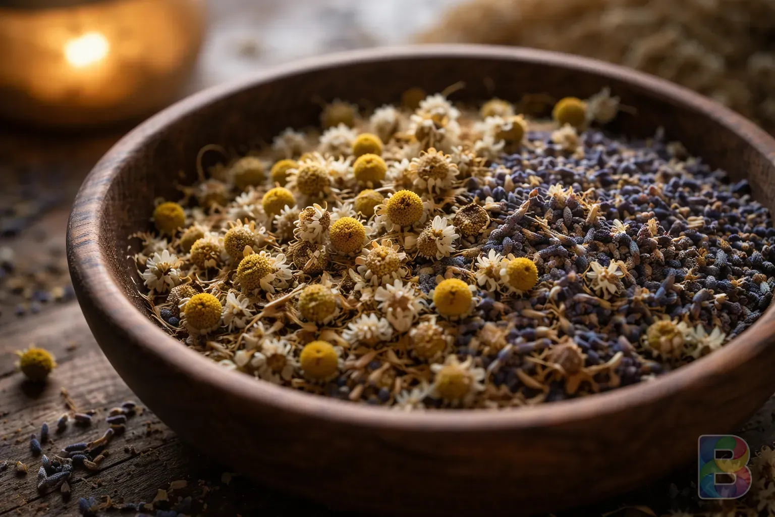 photorealistic, macro shot of dried chamomile flowers and lavender buds in a wooden bowl, natural earthy tones, soft morning light, high detail