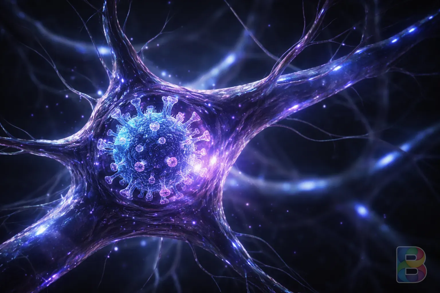 photorealistic, conceptual 3D illustration of a virus dormant in a nerve cell, glowing blue and purple tones, scientific yet artistic, cinematic lighting