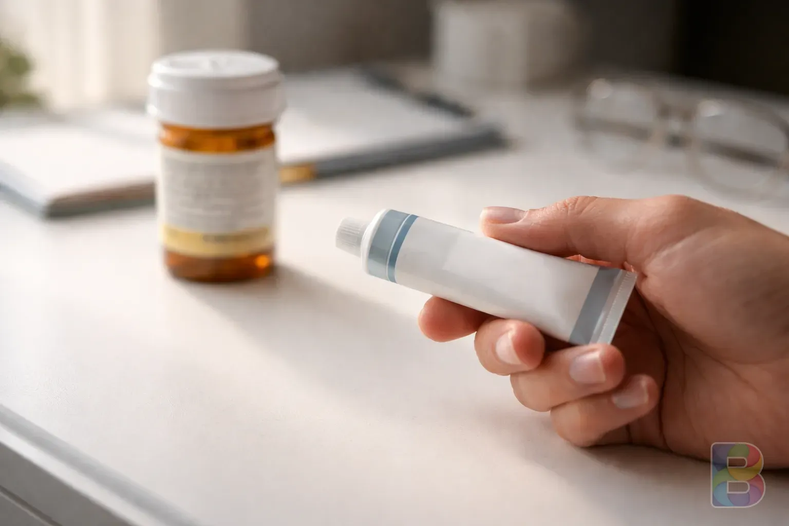 photorealistic, a hand holding a tube of ointment and a prescription bottle on a clean white desk, professional and calm mood, soft daylight