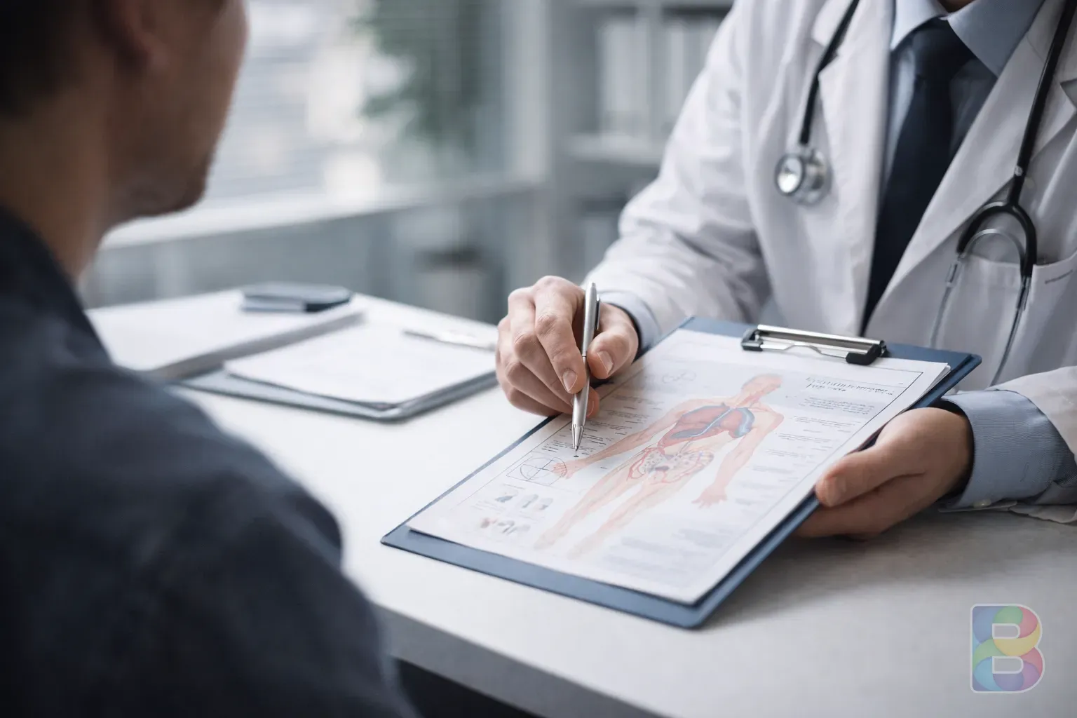 photorealistic, doctor pointing at a medical chart during a consultation with a patient, modern clinic interior, reassuring and professional lighting