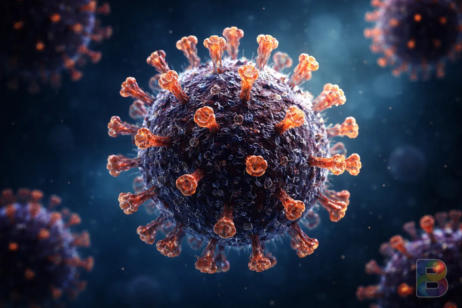 photorealistic, microscopic 3D render of a virus structure, glowing highlights on a dark blue background, scientific but artistic cinematic lighting