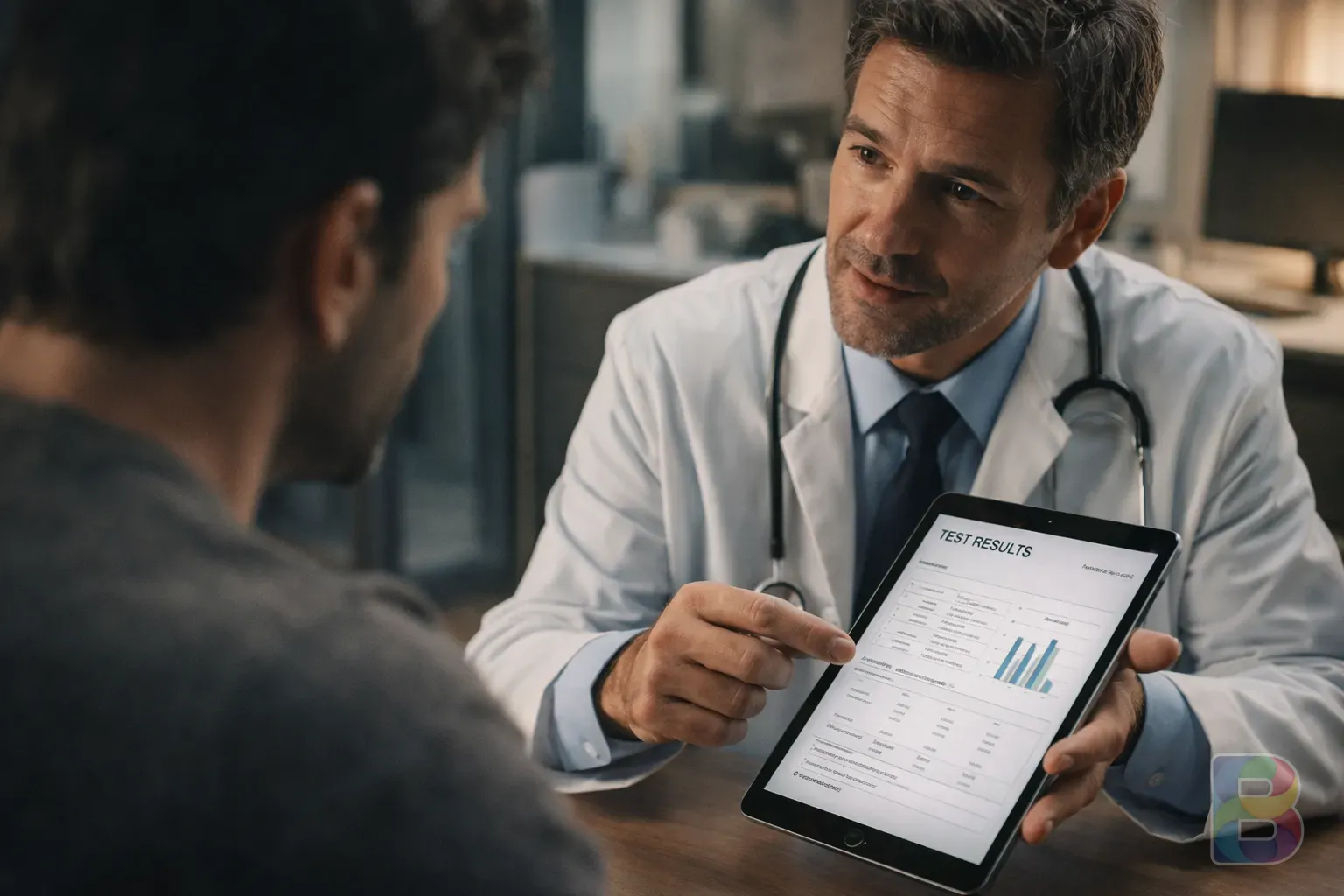 photorealistic, professional doctor showing test results on a tablet to a patient in a modern office, reassuring and clear communication, cinematic lighting
