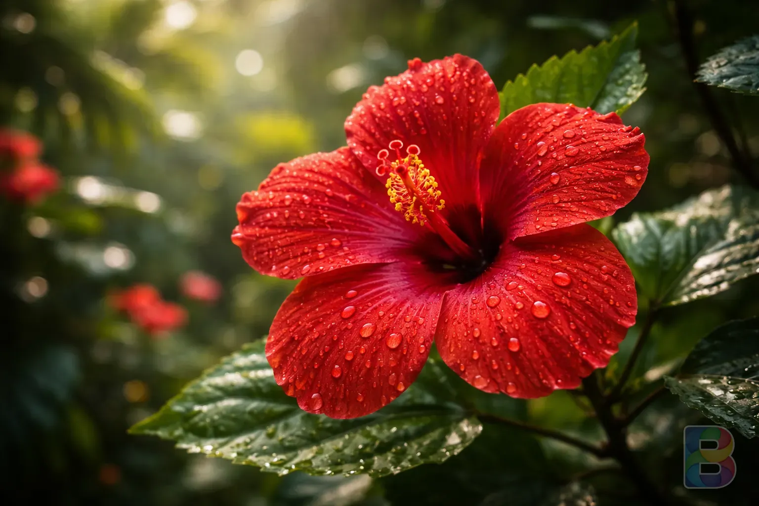 photorealistic, close-up of a vibrant red hibiscus flower in a tropical garden, morning dew on petals, soft bokeh background, natural lighting, high detail