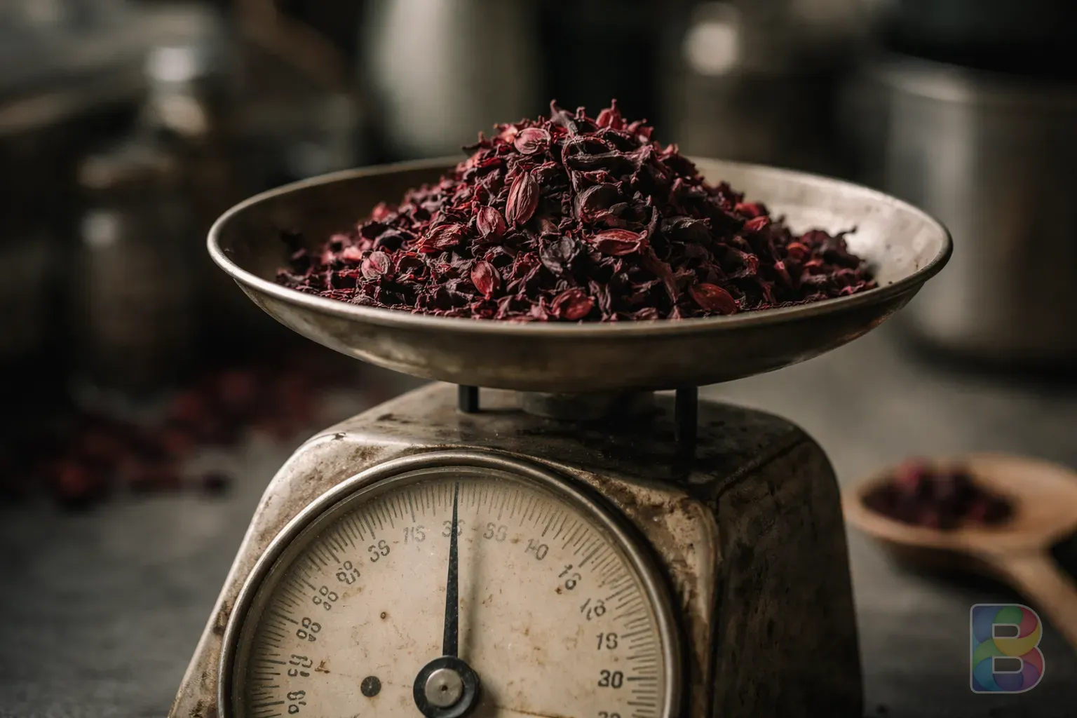 photorealistic, close-up of a kitchen scale with a small heap of dried hibiscus petals, focus on the texture, soft clinical indoor lighting