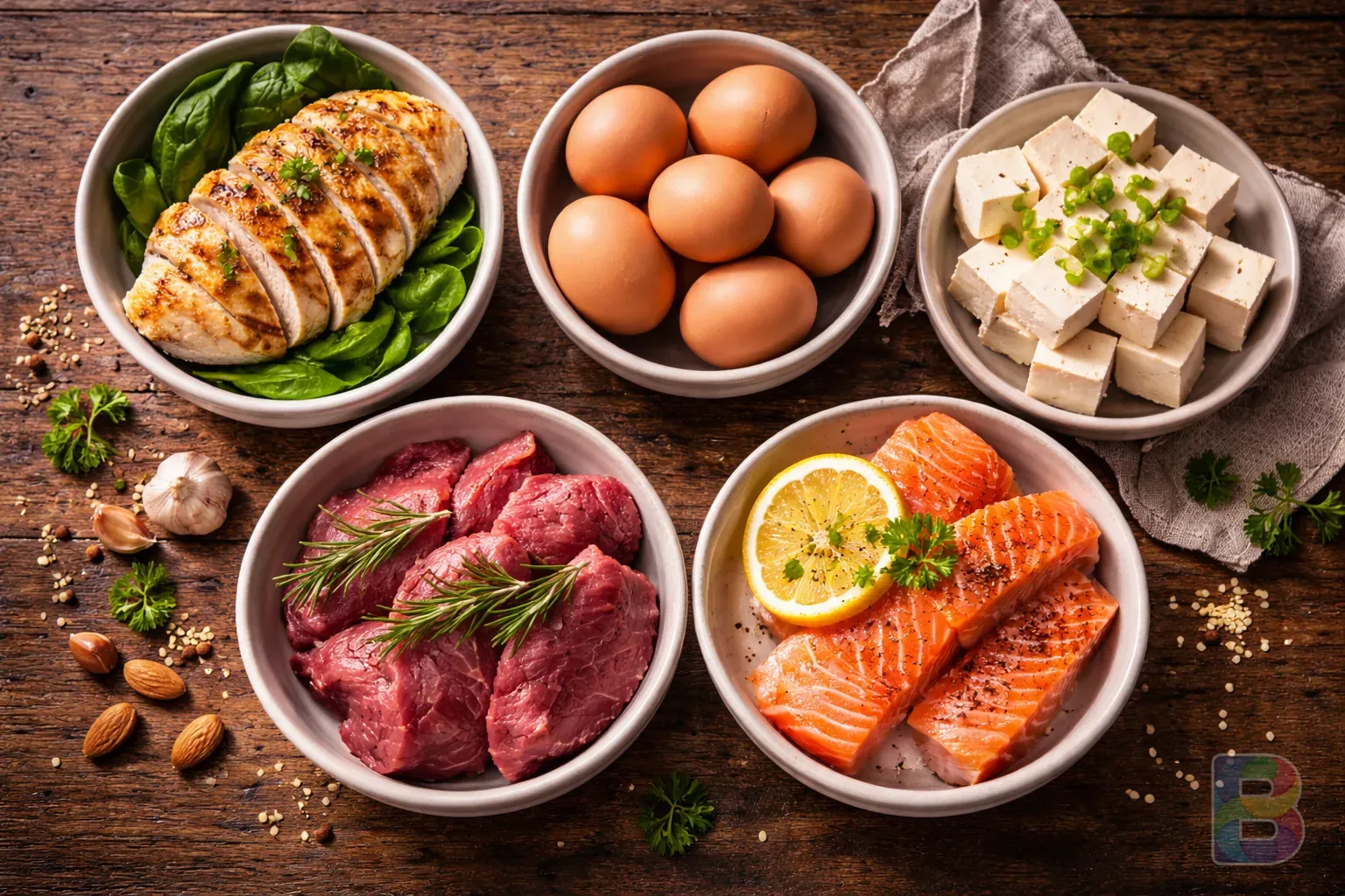 photorealistic, top-down view of five bowls containing chicken breast, eggs, beef, tofu, and salmon, beautifully arranged on a rustic table, soft cinematic lighting