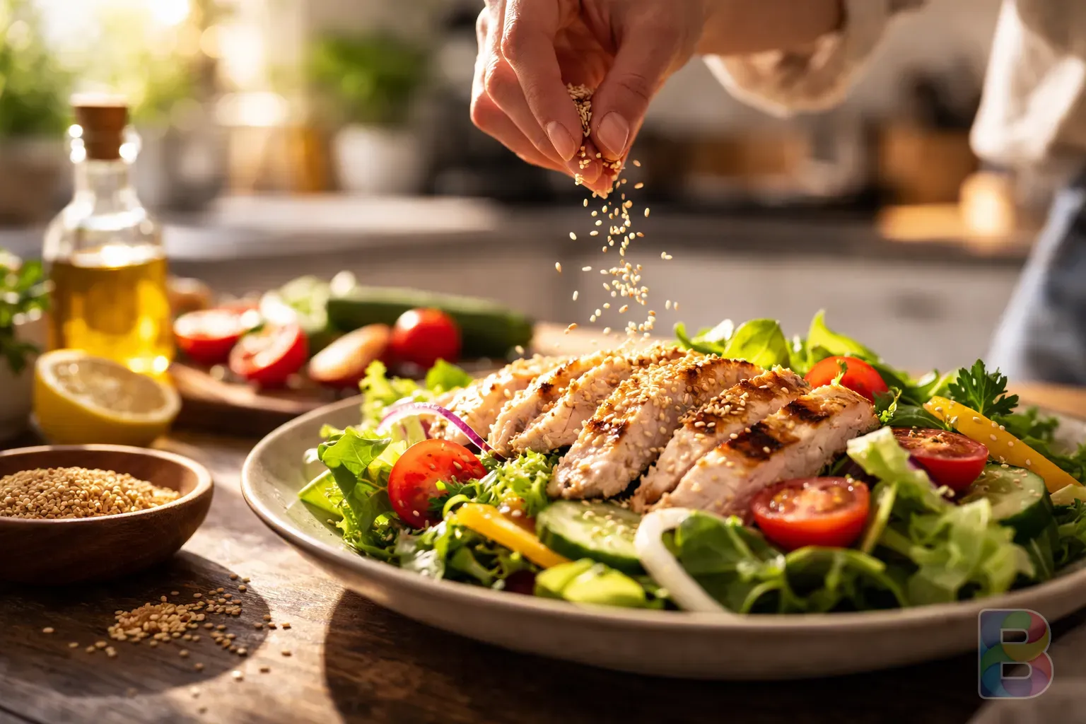 photorealistic, close-up of a person sprinkling toasted sesame seeds on a fresh salad with grilled chicken, bright kitchen background, cinematic lighting, sensory detail focus
