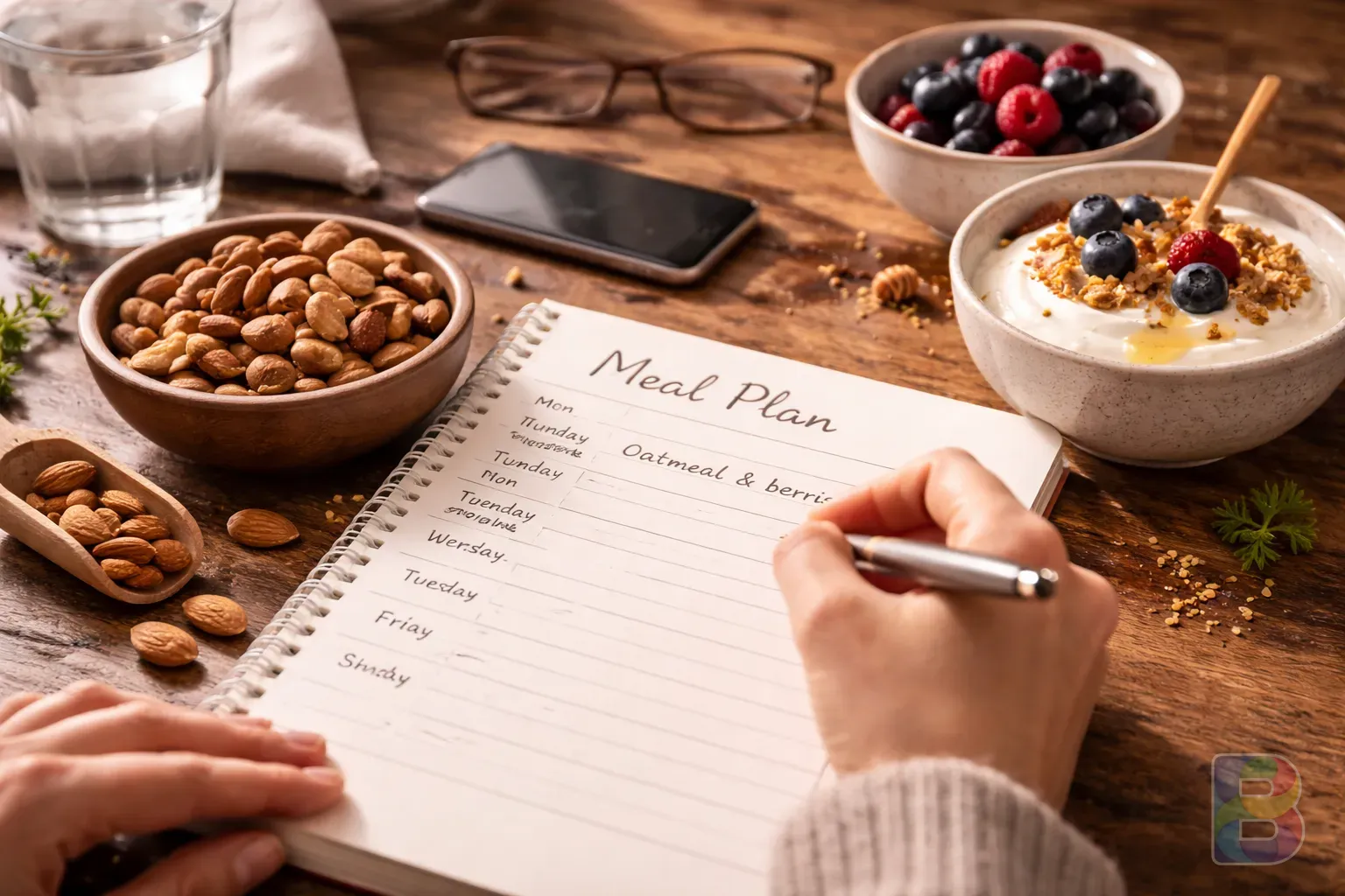 photorealistic, a person writing a meal plan in a notebook next to a bowl of nuts and Greek yogurt, calm morning light, aesthetic and organized mood